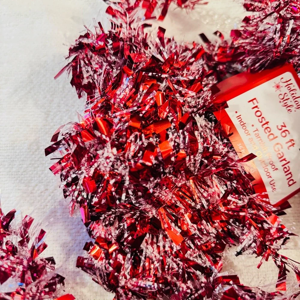 108’ Ft. Metallic Frosted Red & White Tinsel Garland - 3 Packs Indoor Outdoor